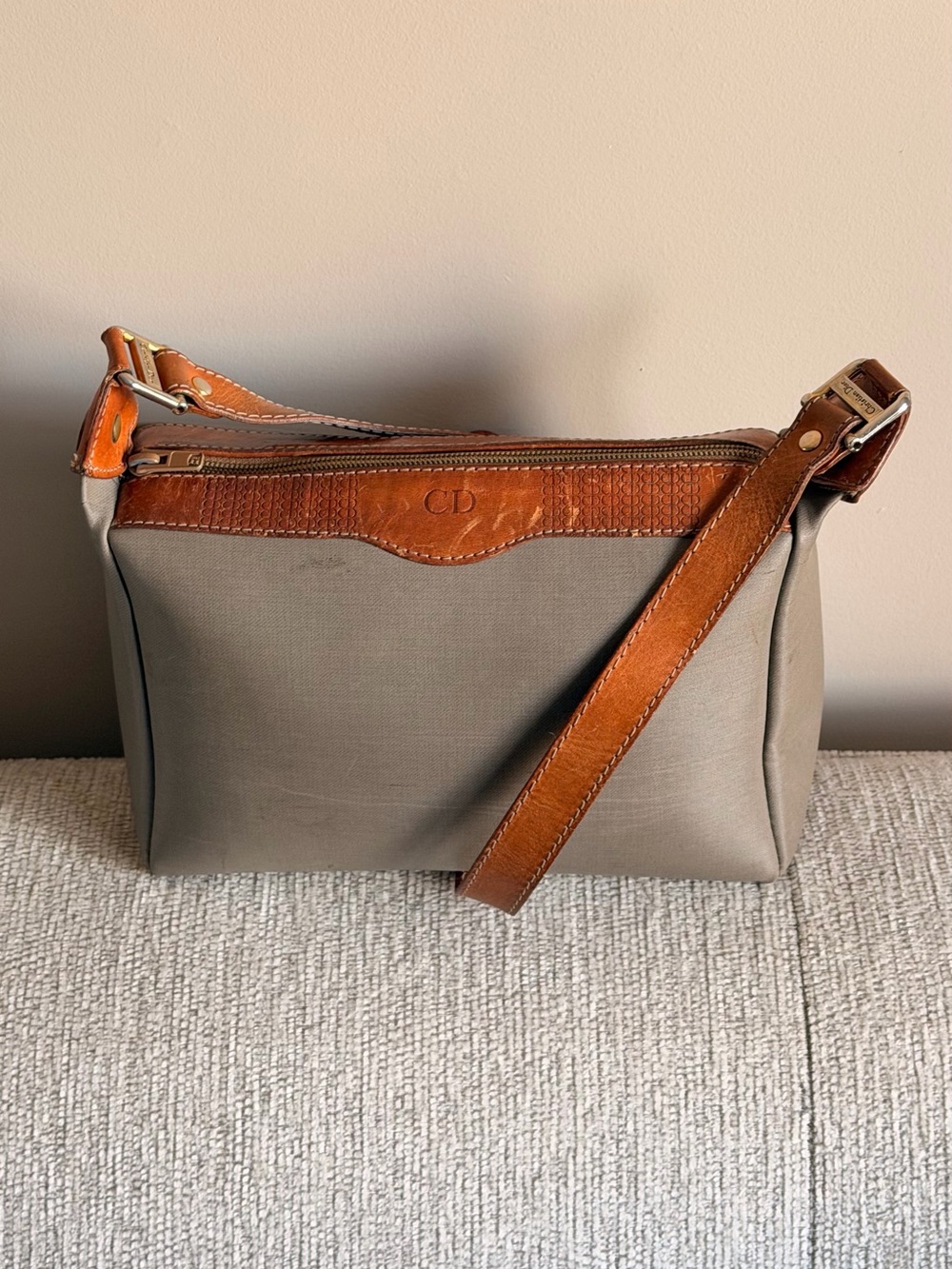 Christian Dior Vintage Crossbody Bag Gray/Brown Logo Zip Closure Gold Hardware
